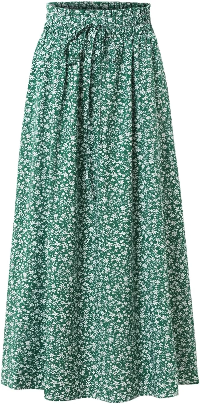 Women's Floral High-waisted Skirt Elastic-waisted Casualt with Pockets Summer and Fall Beach Dress