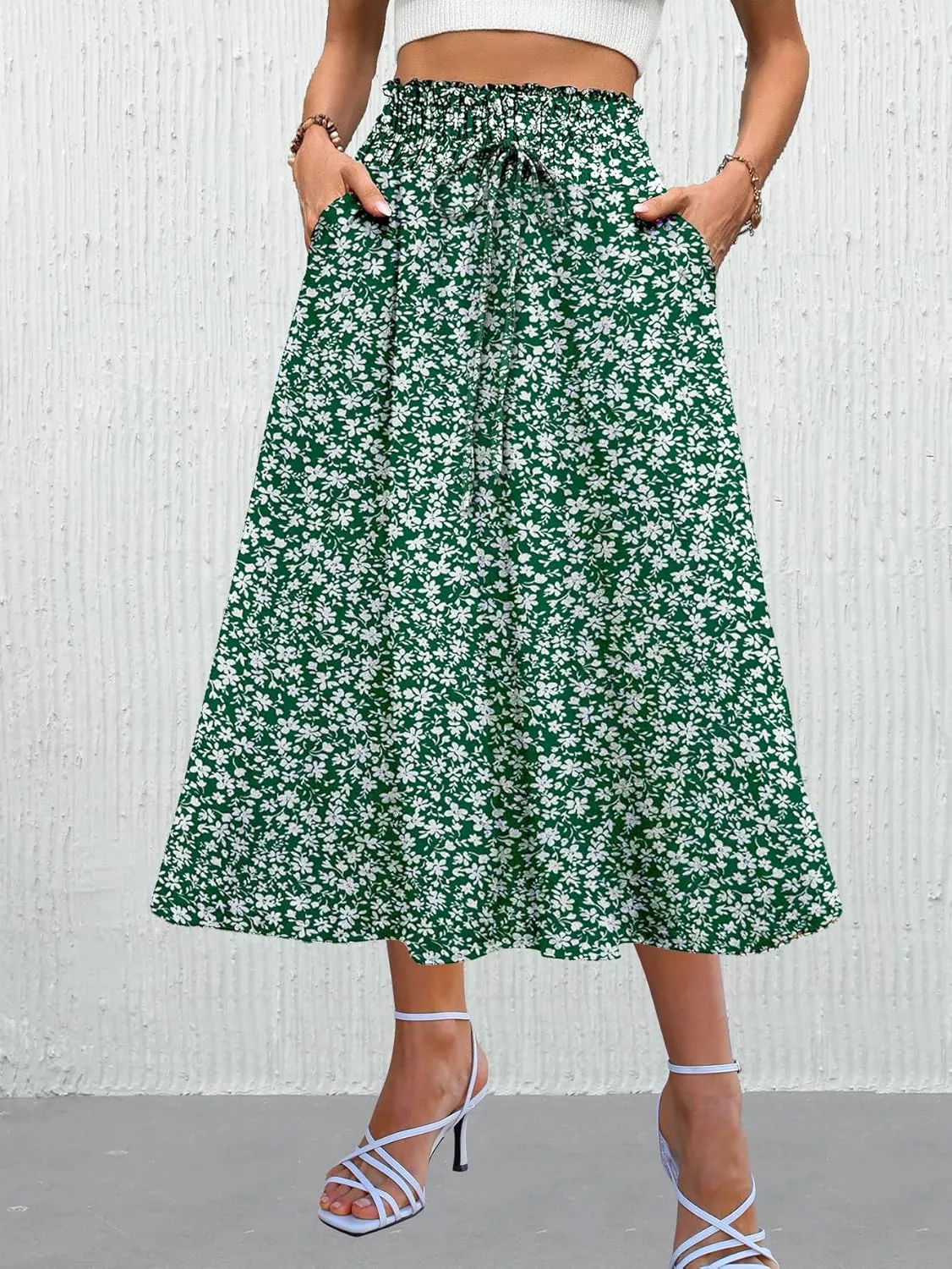 Women's Floral High-waisted Skirt Elastic-waisted Casualt with Pockets Summer and Fall Beach Dress