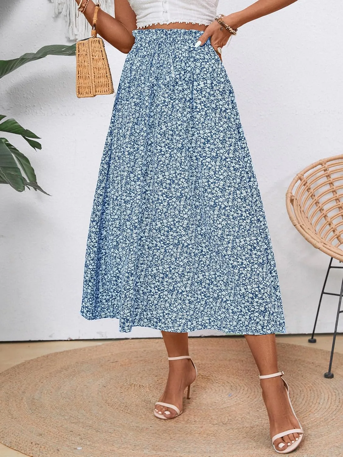 Women's Floral High-waisted Skirt Elastic-waisted Casualt with Pockets Summer and Fall Beach Dress