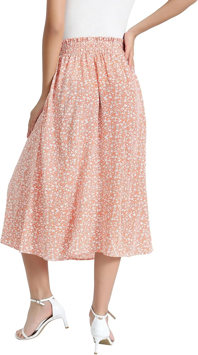 Women's Floral High-waisted Skirt Elastic-waisted Casualt with Pockets Summer and Fall Beach Dress