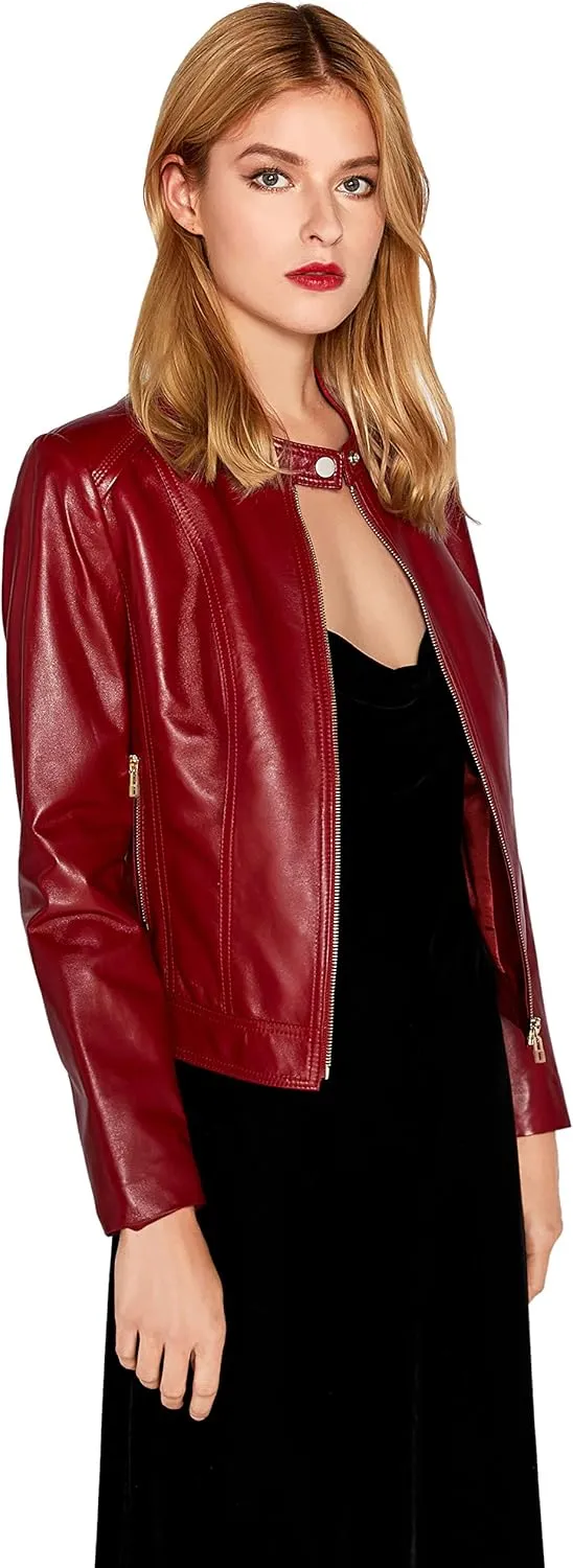Women's Genuine Leather Jacket Lambskin Black Moto Biker Jacket Coat with Belt SmartUniverseWear