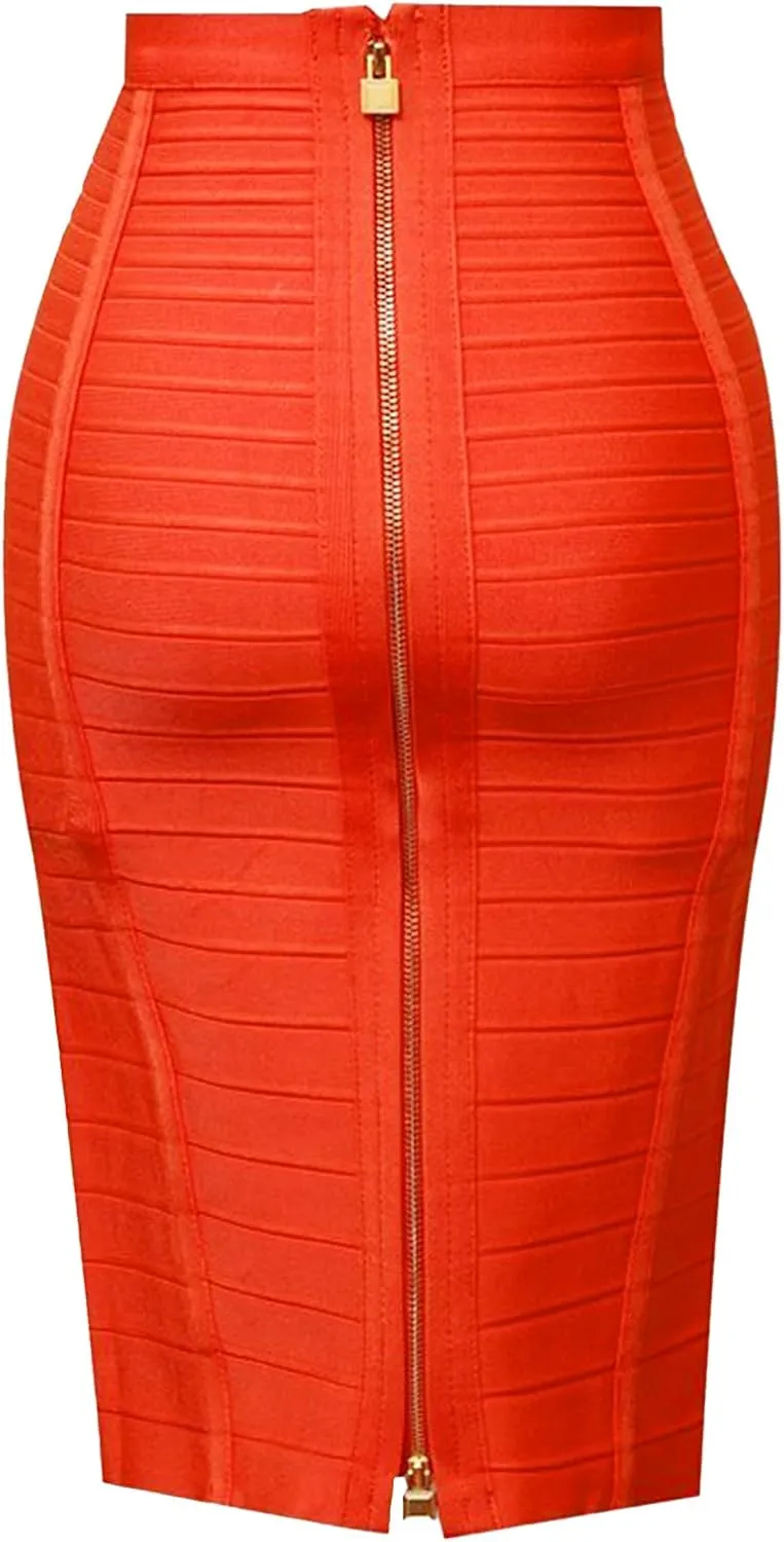 Women's High Waist Elastic Slim Fit Bandage Skirt Solid Color Knee Length Bodycon Pencil Skirt Office Midi Skirt
