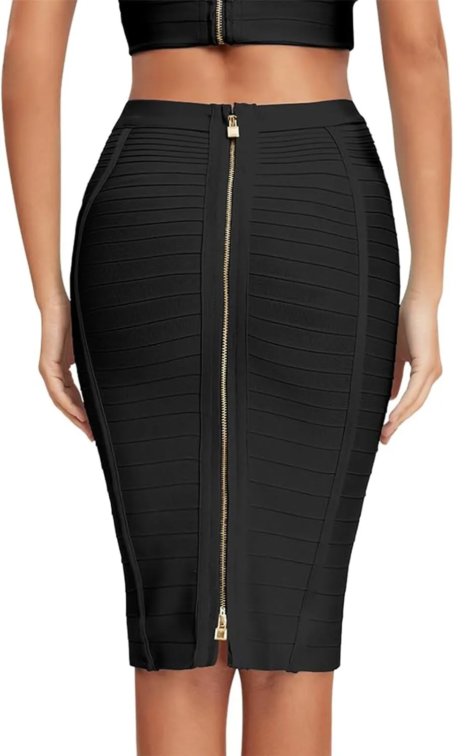 Women's High Waist Elastic Slim Fit Bandage Skirt Solid Color Knee Length Bodycon Pencil Skirt Office Midi Skirt