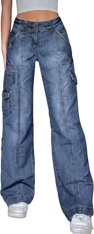 Womens High Waist Wide Leg Straight Jeans Vintage Y2K Pants Casual Baggy Denim Pants Streetwear