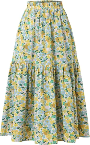 Women's High-Waisted Printed MIDI Skirt Spring Summer Fall Elastic-Waisted Skirt Hem Pleated Skirt