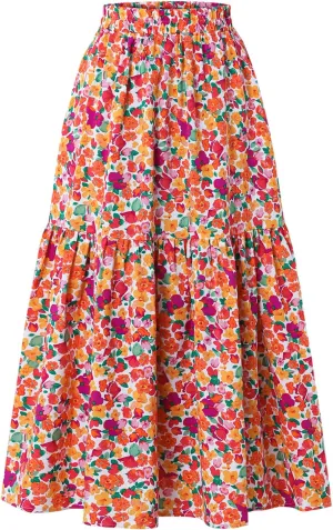 Women's High-Waisted Printed MIDI Skirt Spring Summer Fall Elastic-Waisted Skirt Hem Pleated Skirt