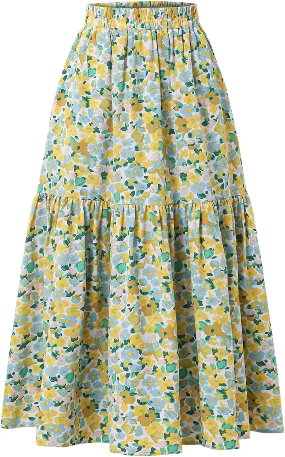 Women's High-Waisted Printed MIDI Skirt Spring Summer Fall Elastic-Waisted Skirt Hem Pleated Skirt