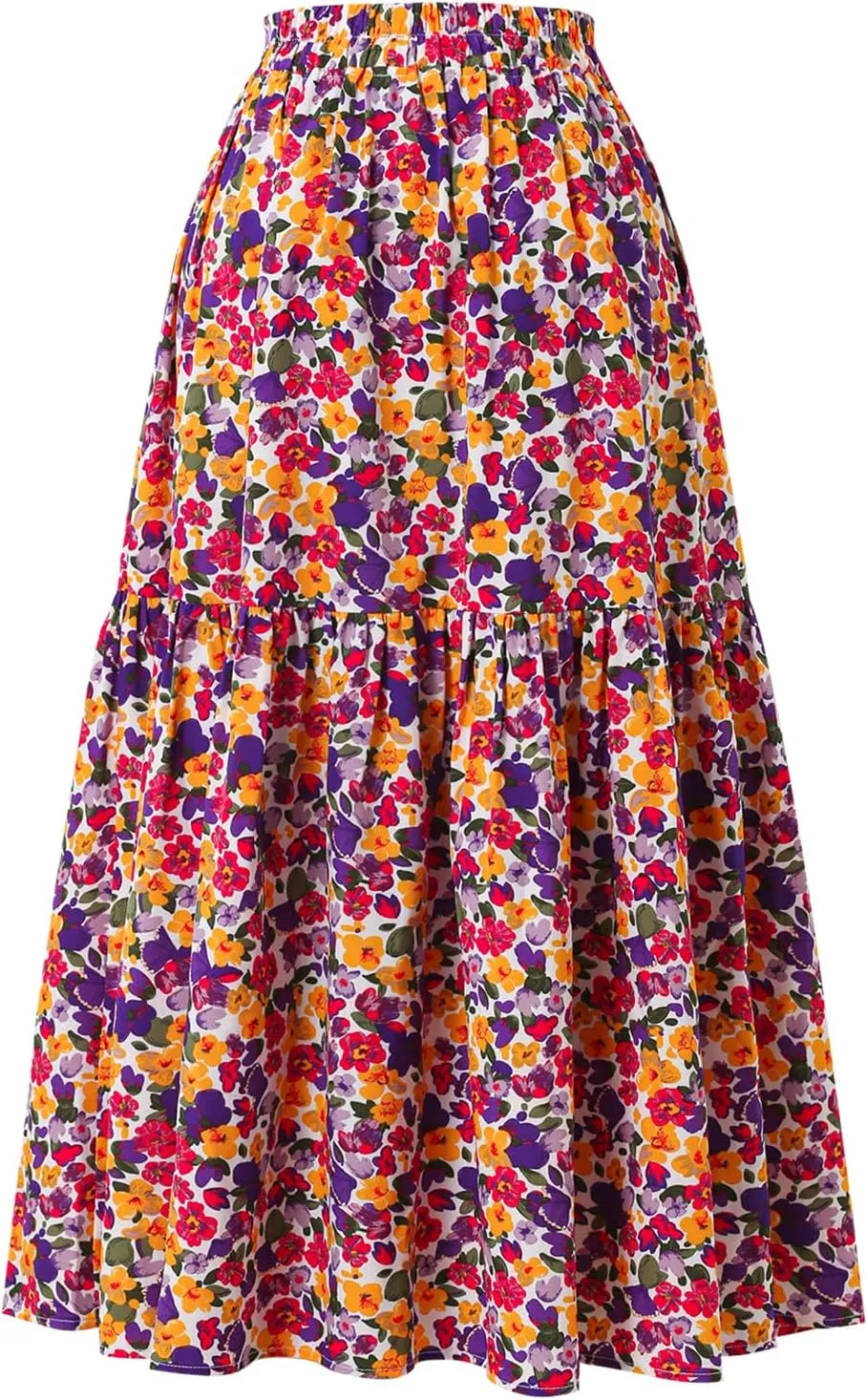 Women's High-Waisted Printed MIDI Skirt Spring Summer Fall Elastic-Waisted Skirt Hem Pleated Skirt