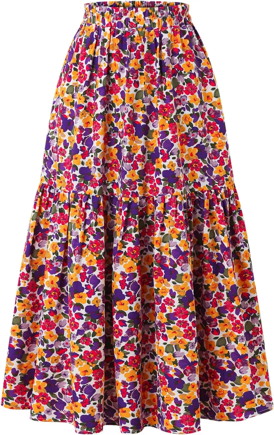 Women's High-Waisted Printed MIDI Skirt Spring Summer Fall Elastic-Waisted Skirt Hem Pleated Skirt