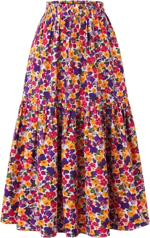 Women's High-Waisted Printed MIDI Skirt Spring Summer Fall Elastic-Waisted Skirt Hem Pleated Skirt