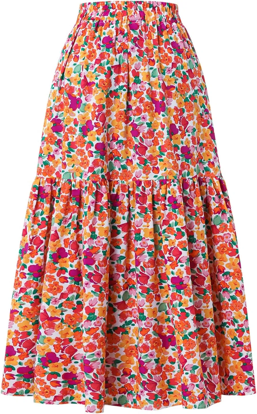 Women's High-Waisted Printed MIDI Skirt Spring Summer Fall Elastic-Waisted Skirt Hem Pleated Skirt