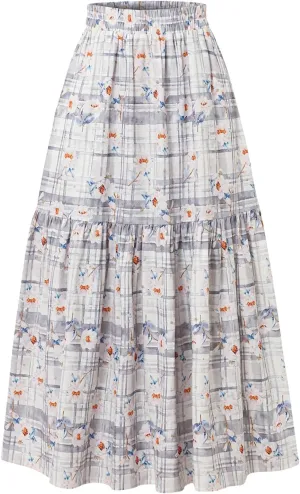 Women's High-Waisted Printed Skirt Elasticated Waist Autumn-Winter Skirt with Pockets and Pleated MIDI Skirt