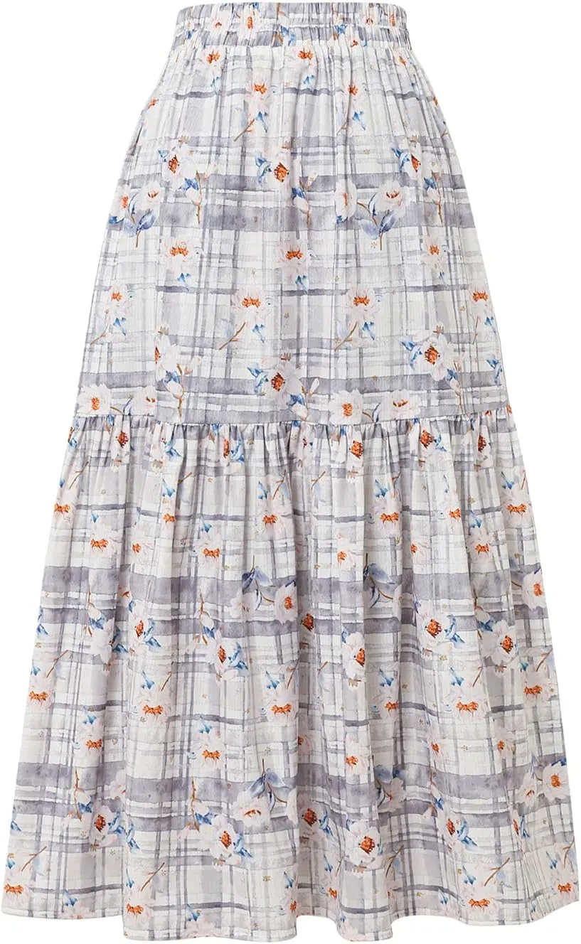 Women's High-Waisted Printed Skirt Elasticated Waist Autumn-Winter Skirt with Pockets and Pleated MIDI Skirt
