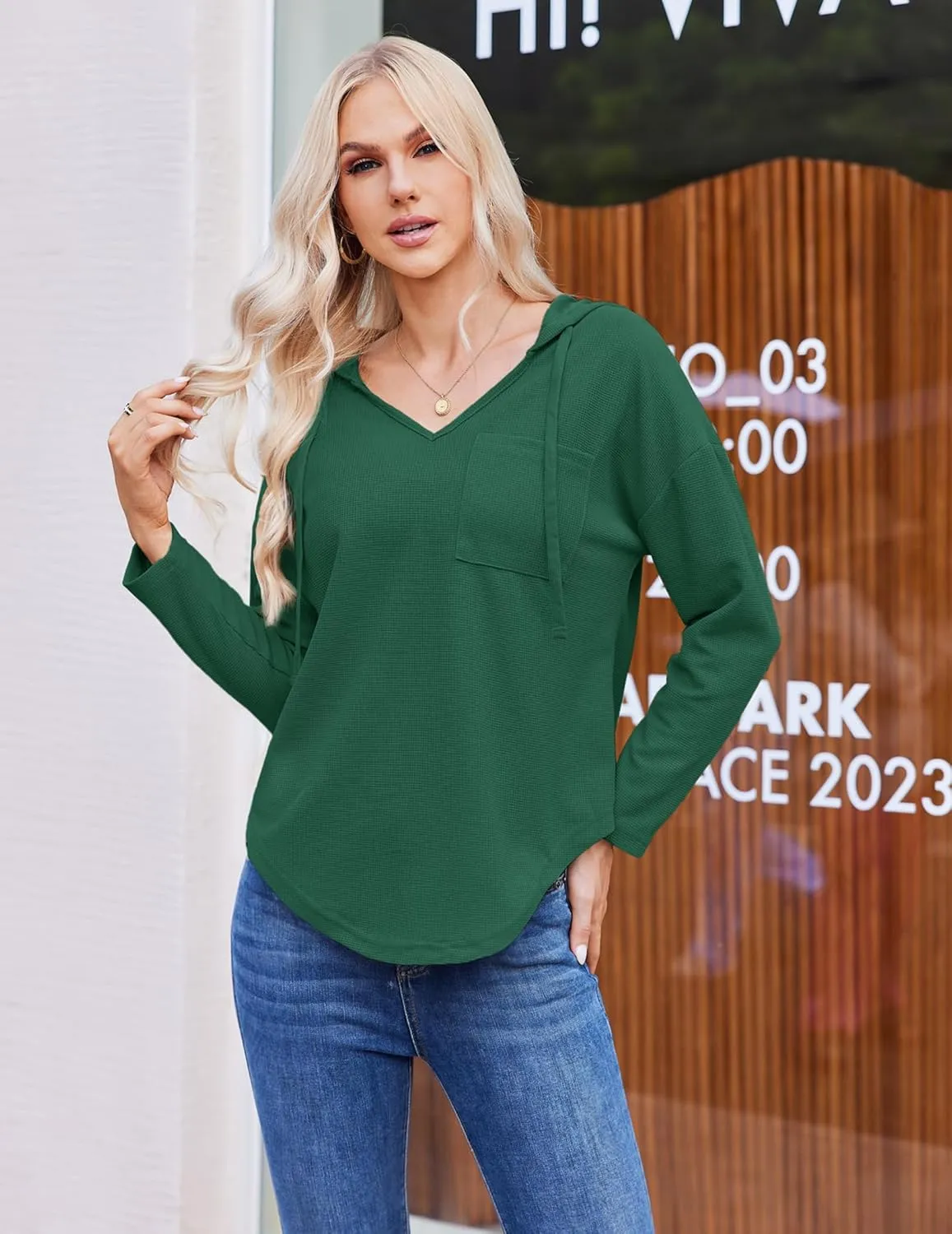 Womens Hoodies Long Sleeve Sweatshirts Pullover Top V Neck Drawstring Shirts With Pocket Loose Casual