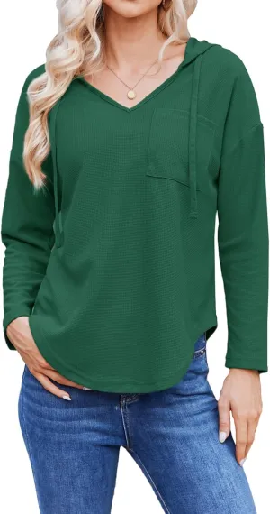 Womens Hoodies Long Sleeve Sweatshirts Pullover Top V Neck Drawstring Shirts With Pocket Loose Casual