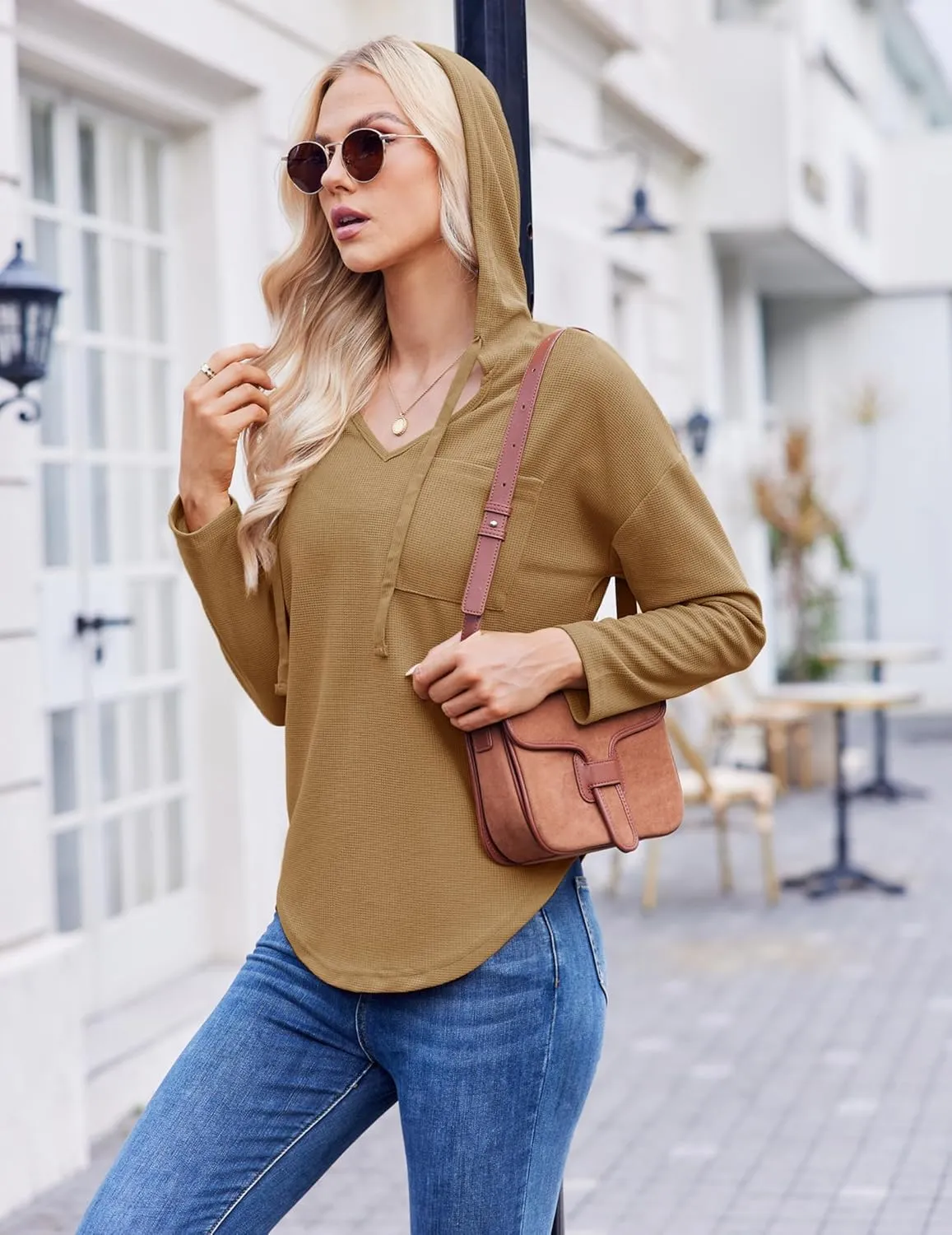 Womens Hoodies Long Sleeve Sweatshirts Pullover Top V Neck Drawstring Shirts With Pocket Loose Casual