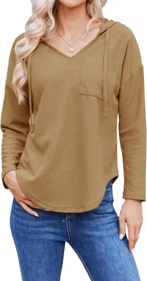 Womens Hoodies Long Sleeve Sweatshirts Pullover Top V Neck Drawstring Shirts With Pocket Loose Casual