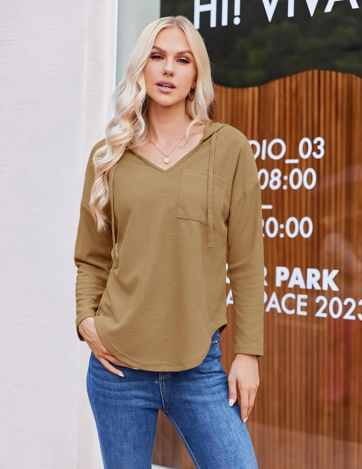 Womens Hoodies Long Sleeve Sweatshirts Pullover Top V Neck Drawstring Shirts With Pocket Loose Casual