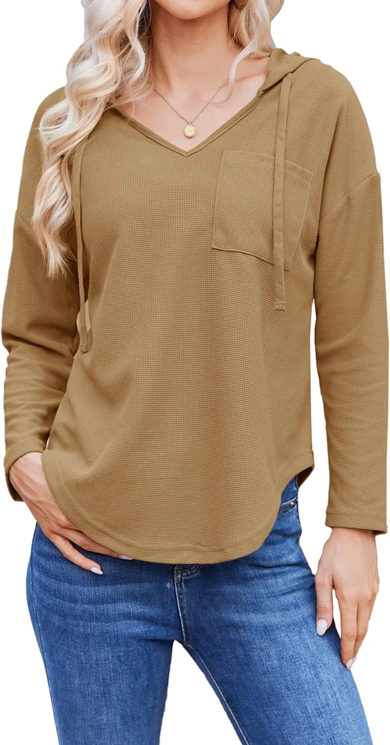 Womens Hoodies Long Sleeve Sweatshirts Pullover Top V Neck Drawstring Shirts With Pocket Loose Casual