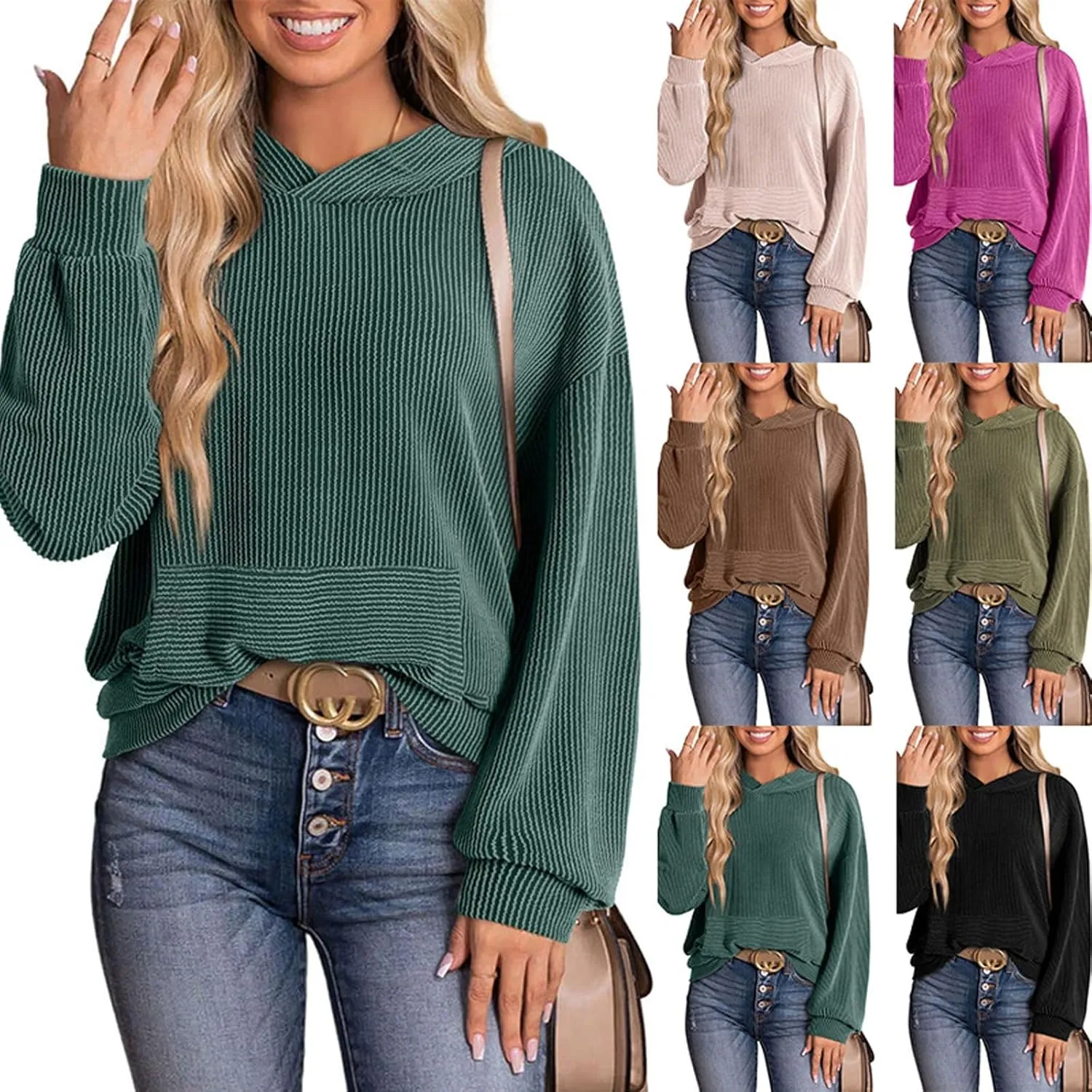 Womens Hoodies Y2k Loose Pullover Casual Long Sleeve Shirts Trendy Ribbed Knit Cute Fall Tunic Hoodies with Pocket