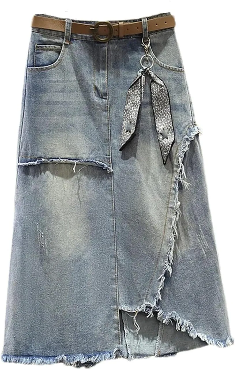 Women's Irregular Raw Edge Jeans Skirt Summer High Waisted A-Line Large Size Denim Skirt
