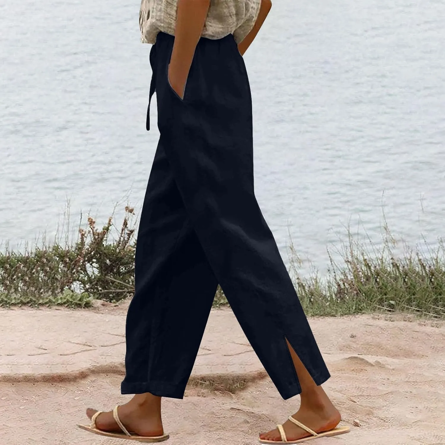 Womens Linen Pants 2025 Summer Vacation Beach Pants Drawstring Casual Gauze Pants with Pockets Linen Ankle Pant Trousers