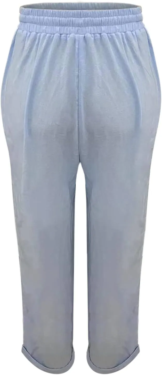 Womens Linen Pants High Waist Loose Fit Summer Straight Pants Drawstring Elastic Oversize Solid Color Casual Trouser
