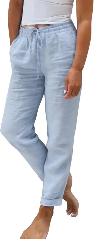 Womens Linen Pants High Waist Loose Fit Summer Straight Pants Drawstring Elastic Oversize Solid Color Casual Trouser