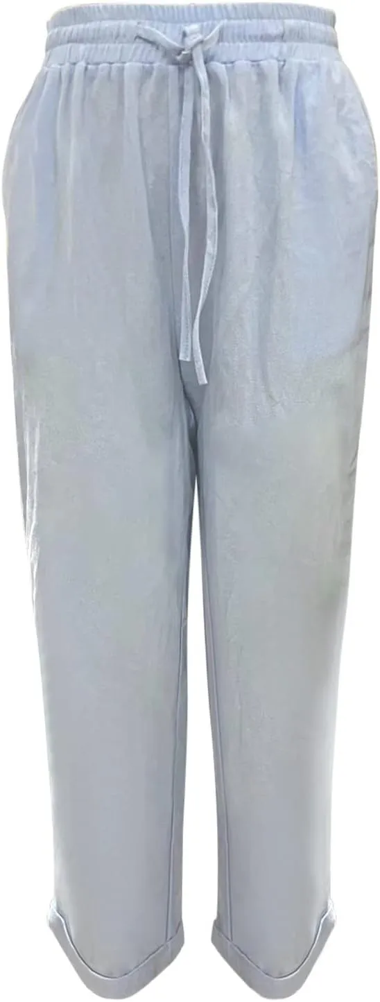 Womens Linen Pants High Waist Loose Fit Summer Straight Pants Drawstring Elastic Oversize Solid Color Casual Trouser