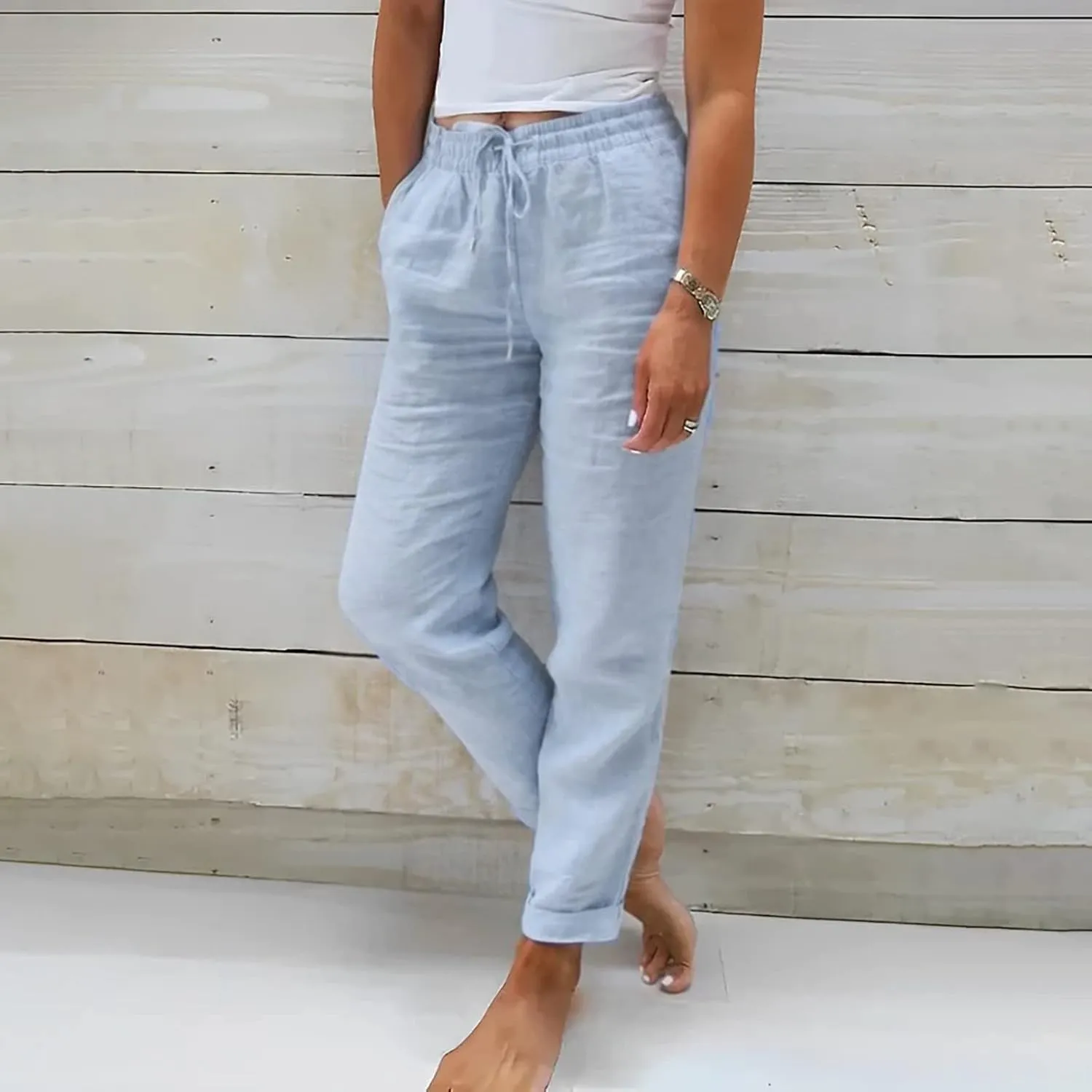 Womens Linen Pants High Waist Loose Fit Summer Straight Pants Drawstring Elastic Oversize Solid Color Casual Trouser