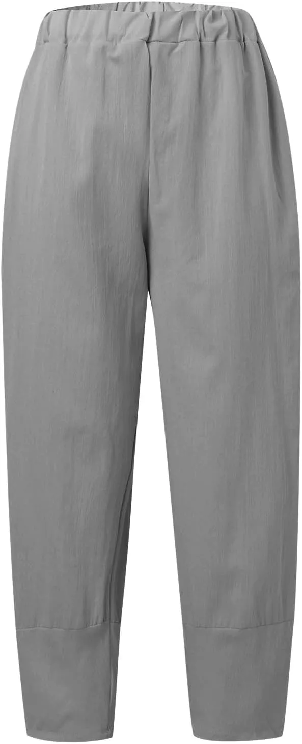 Womens Linen Pants Summer Boho Lightweight High Waist Palazzo Pants Elastic Leg Lounge Casual Trousers with