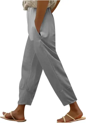 Womens Linen Pants Summer Boho Lightweight High Waist Palazzo Pants Elastic Leg Lounge Casual Trousers with