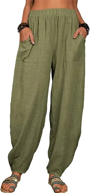 Womens Linen Pants Summer Loose Elastic High Waist Solid Color Wide Leg Work Palazzo Pants Trouser with Pocket
