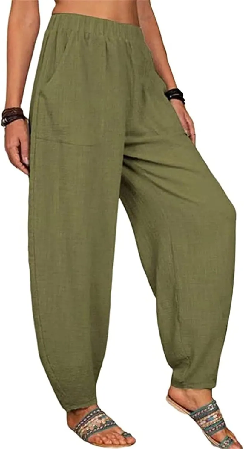 Womens Linen Pants Summer Loose Elastic High Waist Solid Color Wide Leg Work Palazzo Pants Trouser with Pocket