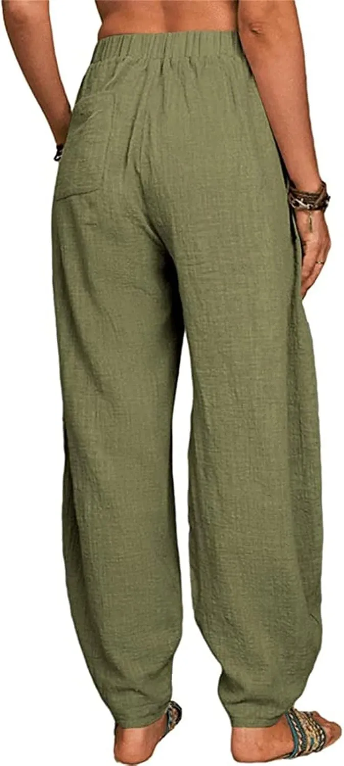 Womens Linen Pants Summer Loose Elastic High Waist Solid Color Wide Leg Work Palazzo Pants Trouser with Pocket