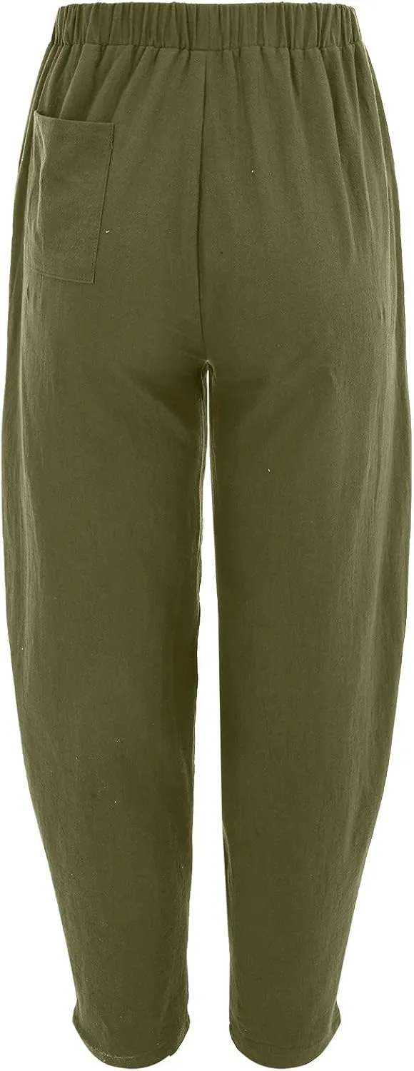 Womens Linen Pants Summer Loose Elastic High Waist Solid Color Wide Leg Work Palazzo Pants Trouser with Pocket