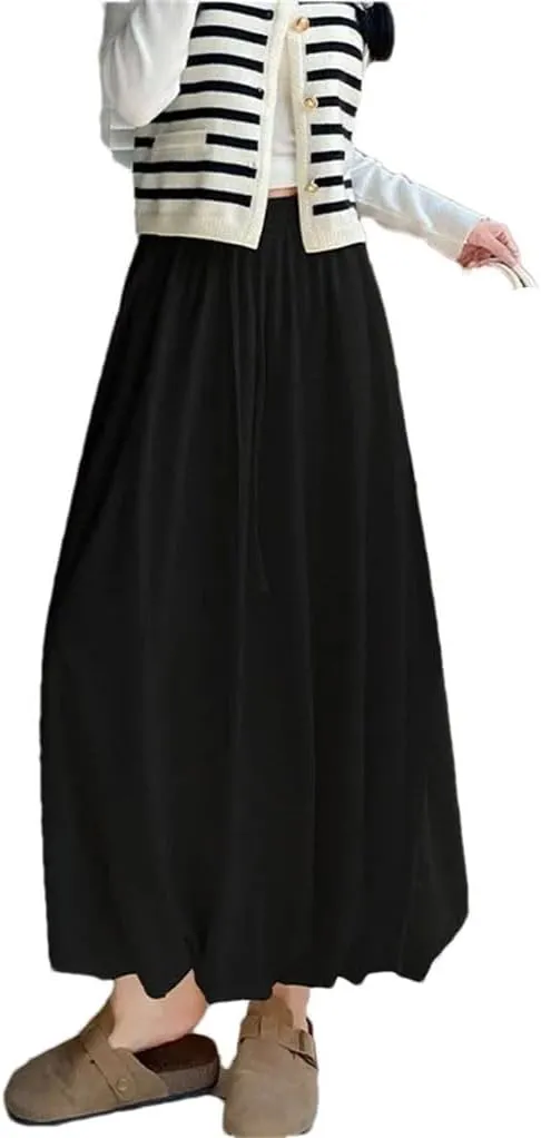 Women's Long Skirt Elastic Waist A-Line Solid Color Knitted Pleated Skirts
