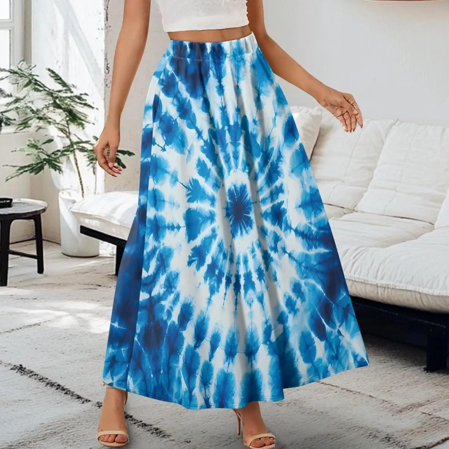 Women's Maxi Skirts Summer Bohemian High Waist Flowy Ruffle Long Skirts with Pockets for Holiday Travel Size S-2XL