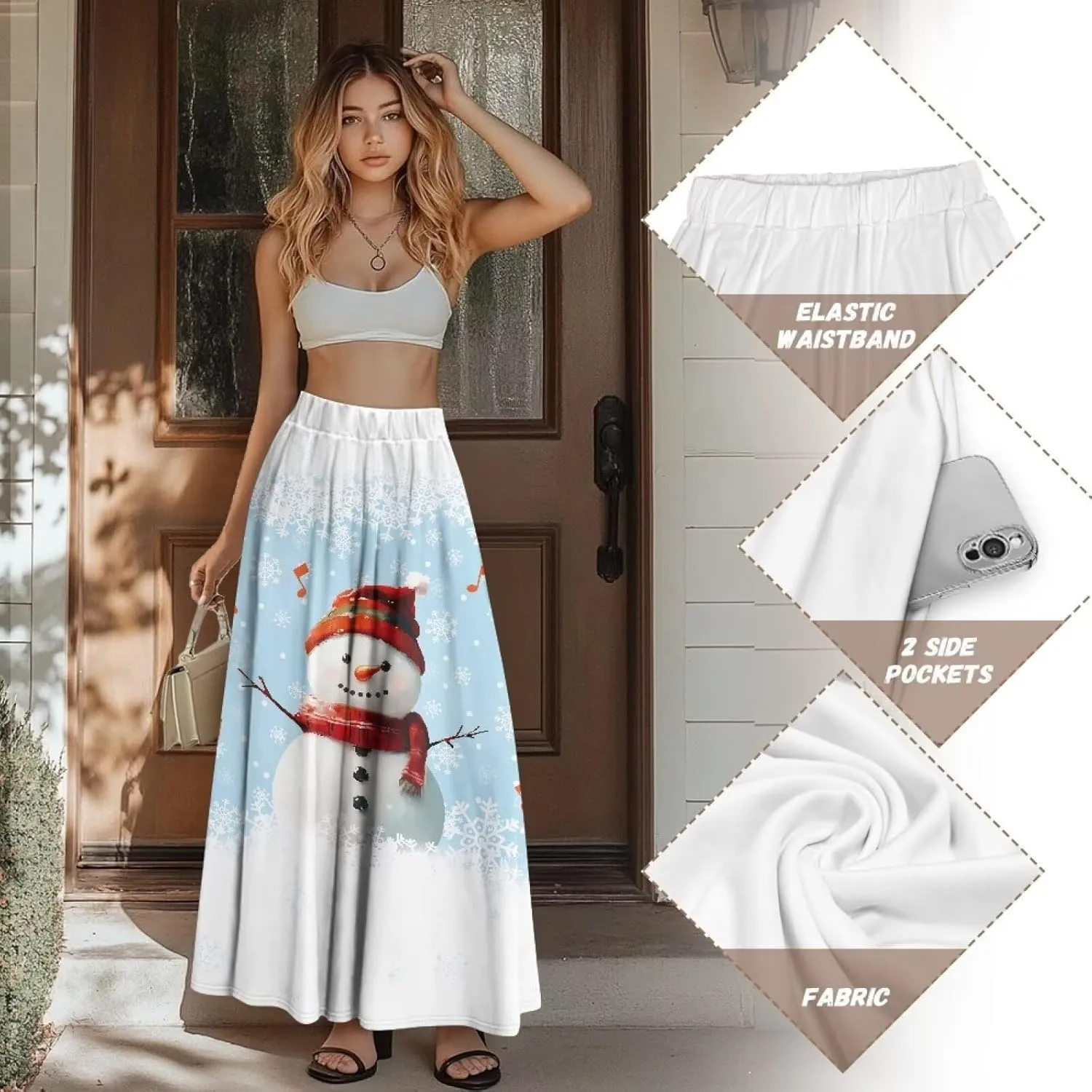 Women's Maxi Skirts Summer Bohemian High Waist Flowy Ruffle Long Skirts with Pockets for Holiday Travel Size S-2XL