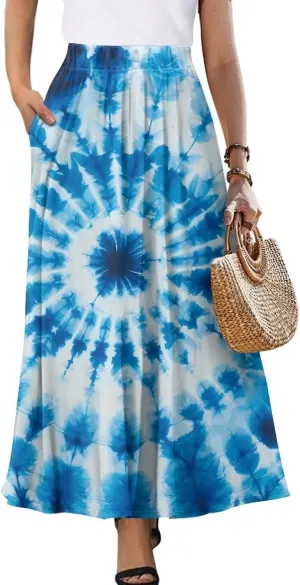 Women's Maxi Skirts Summer Bohemian High Waist Flowy Ruffle Long Skirts with Pockets for Holiday Travel Size S-2XL