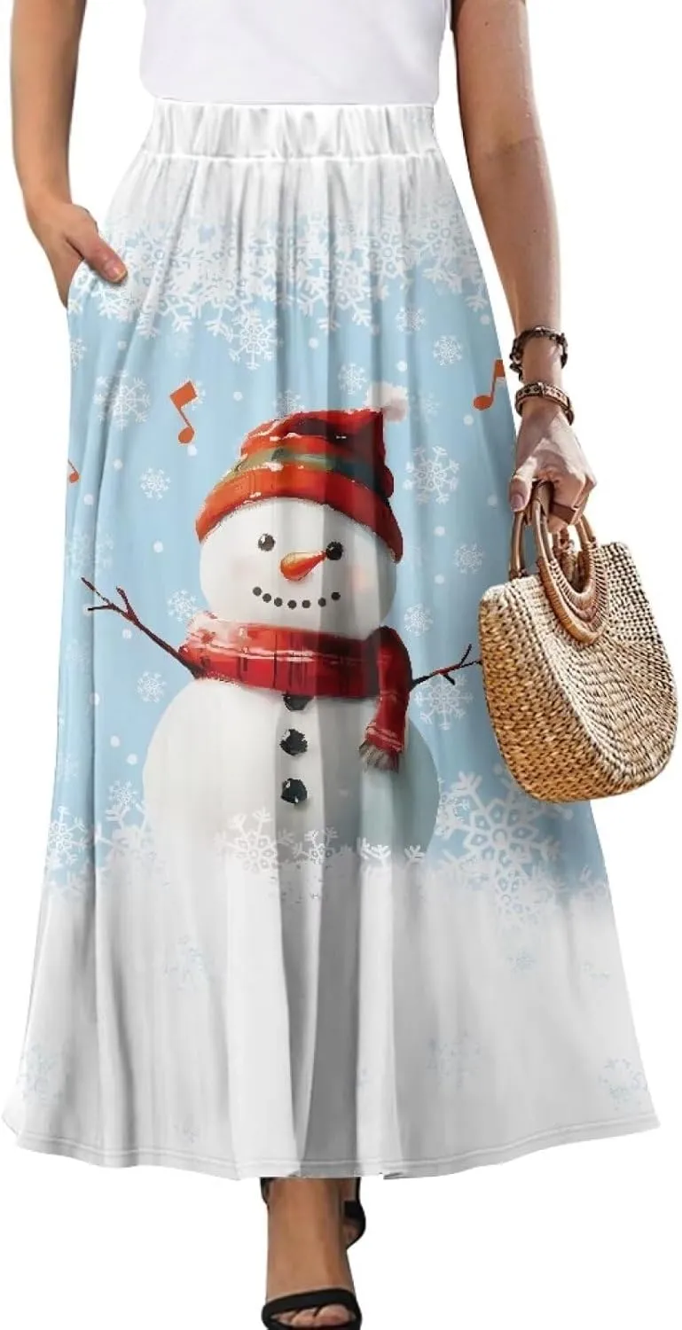 Women's Maxi Skirts Summer Bohemian High Waist Flowy Ruffle Long Skirts with Pockets for Holiday Travel Size S-2XL