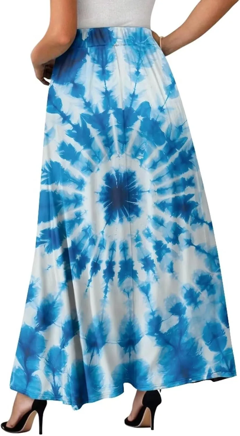 Women's Maxi Skirts Summer Bohemian High Waist Flowy Ruffle Long Skirts with Pockets for Holiday Travel Size S-2XL
