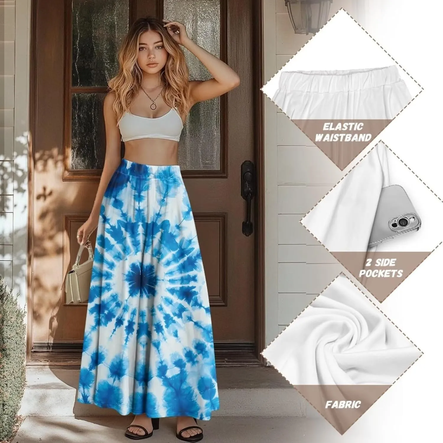 Women's Maxi Skirts Summer Bohemian High Waist Flowy Ruffle Long Skirts with Pockets for Holiday Travel Size S-2XL