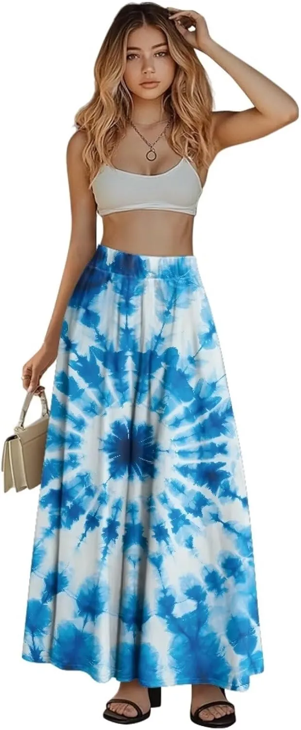 Women's Maxi Skirts Summer Bohemian High Waist Flowy Ruffle Long Skirts with Pockets for Holiday Travel Size S-2XL