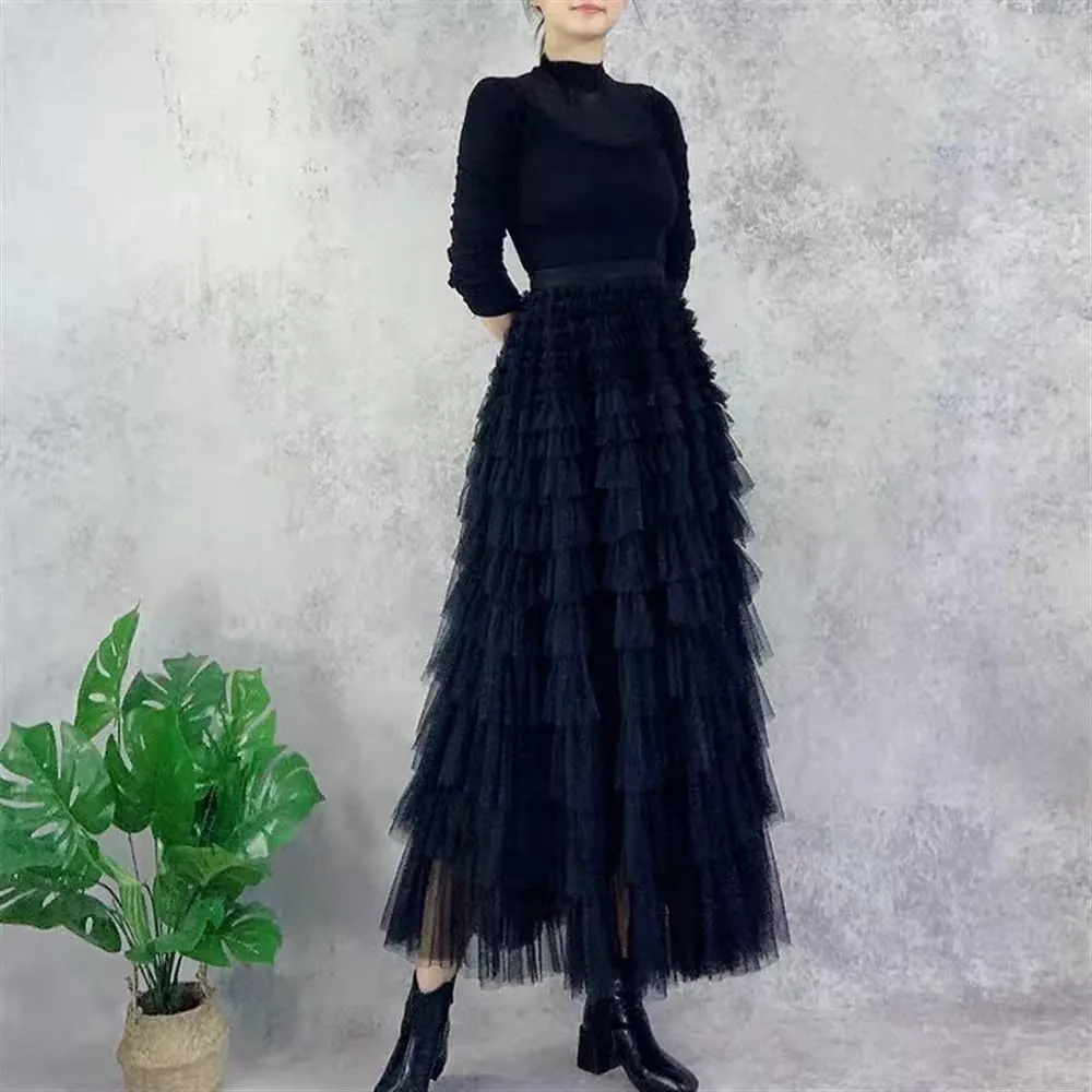 Women's Multi-Layer Pleated Chiffon Skirt with Pleated High Waisted Fluffy Long Skirt Layered Fashionable Party Skirt