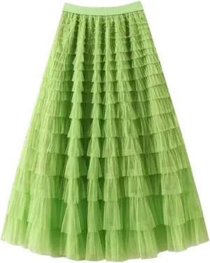 Women's Multi-Layer Pleated Chiffon Skirt with Pleated High Waisted Fluffy Long Skirt Layered Fashionable Party Skirt
