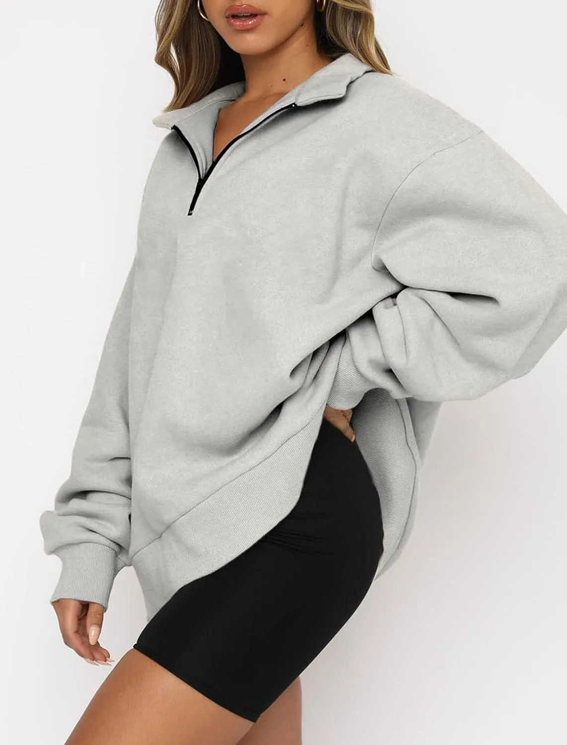 Womens Oversized Half Zip Pullover Quarter Zip Hoodie Lapel Neck Long Sleeve Sweatshirts Teen Girls Trendy Clothes