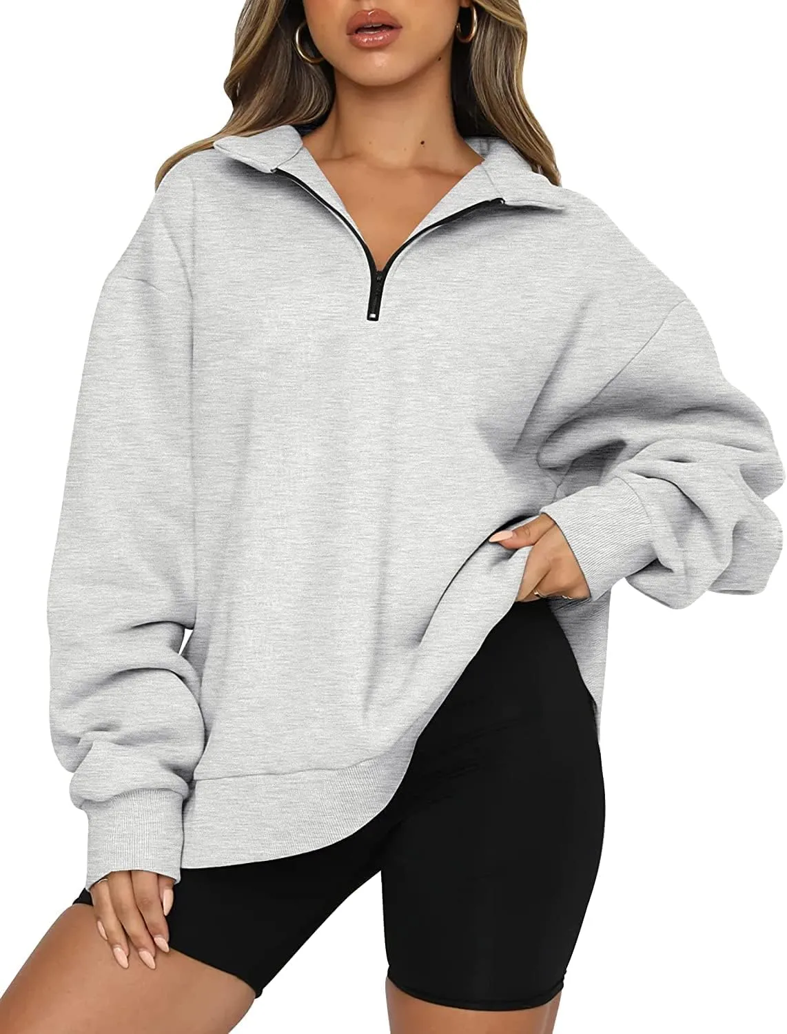 Womens Oversized Half Zip Pullover Quarter Zip Hoodie Lapel Neck Long Sleeve Sweatshirts Teen Girls Trendy Clothes