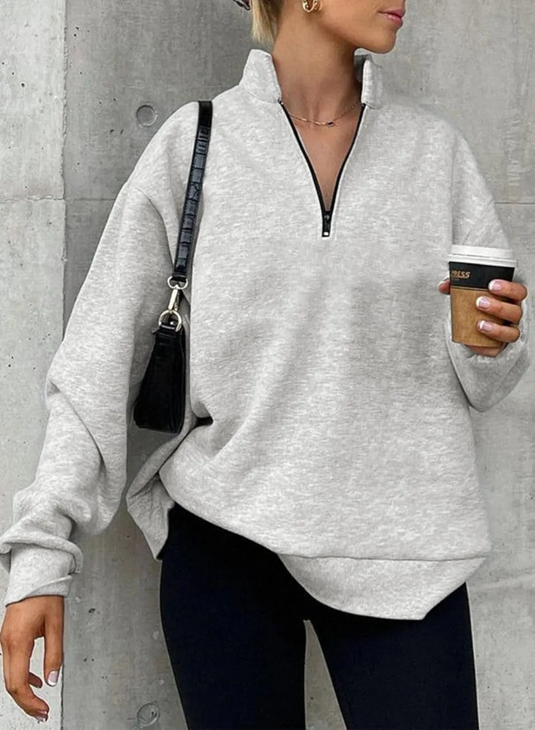 Womens Oversized Half Zip Pullover Quarter Zip Hoodie Lapel Neck Long Sleeve Sweatshirts Teen Girls Trendy Clothes