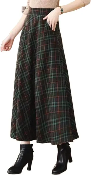 Womens Plaid Skirt Y2K Warm Elastic Waist Warm Striped Wool A-Line Pleated Elegant Winter Long Skirts